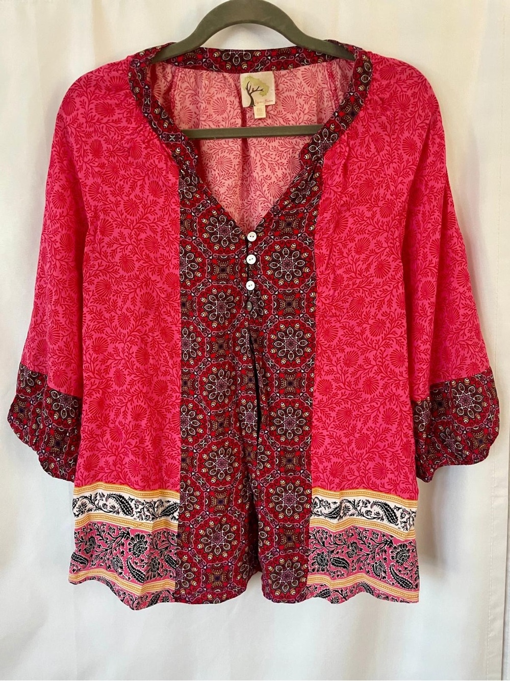 Fig and Flower Pink Printed Boho 3/4 sleeve Button-Front Tunic Size M